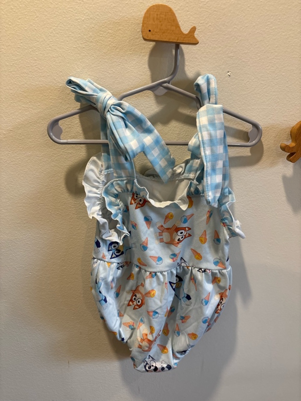 Blue Gingham Tie-Strap Baby Romper with Bluey Ice Cream Print